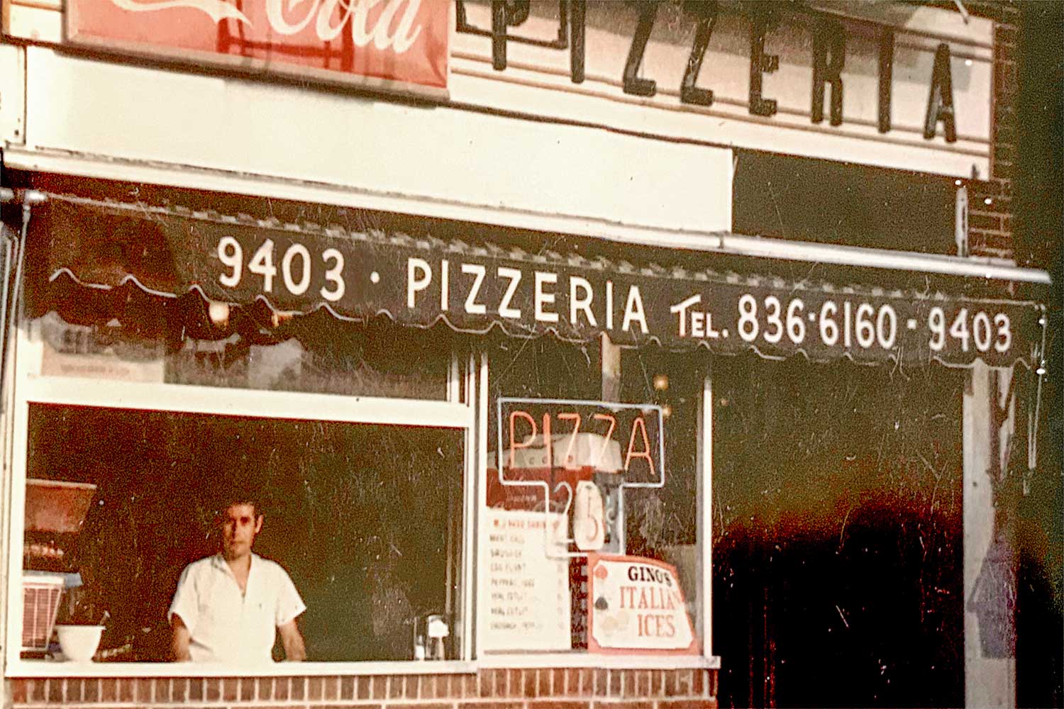 Original Pizza storefront in Brooklyn, vintage photo